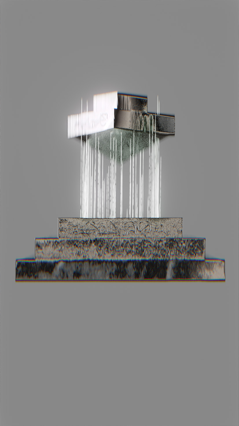 Gerendertes Artefakt: gestufter Block mit eingravierten Glyphen