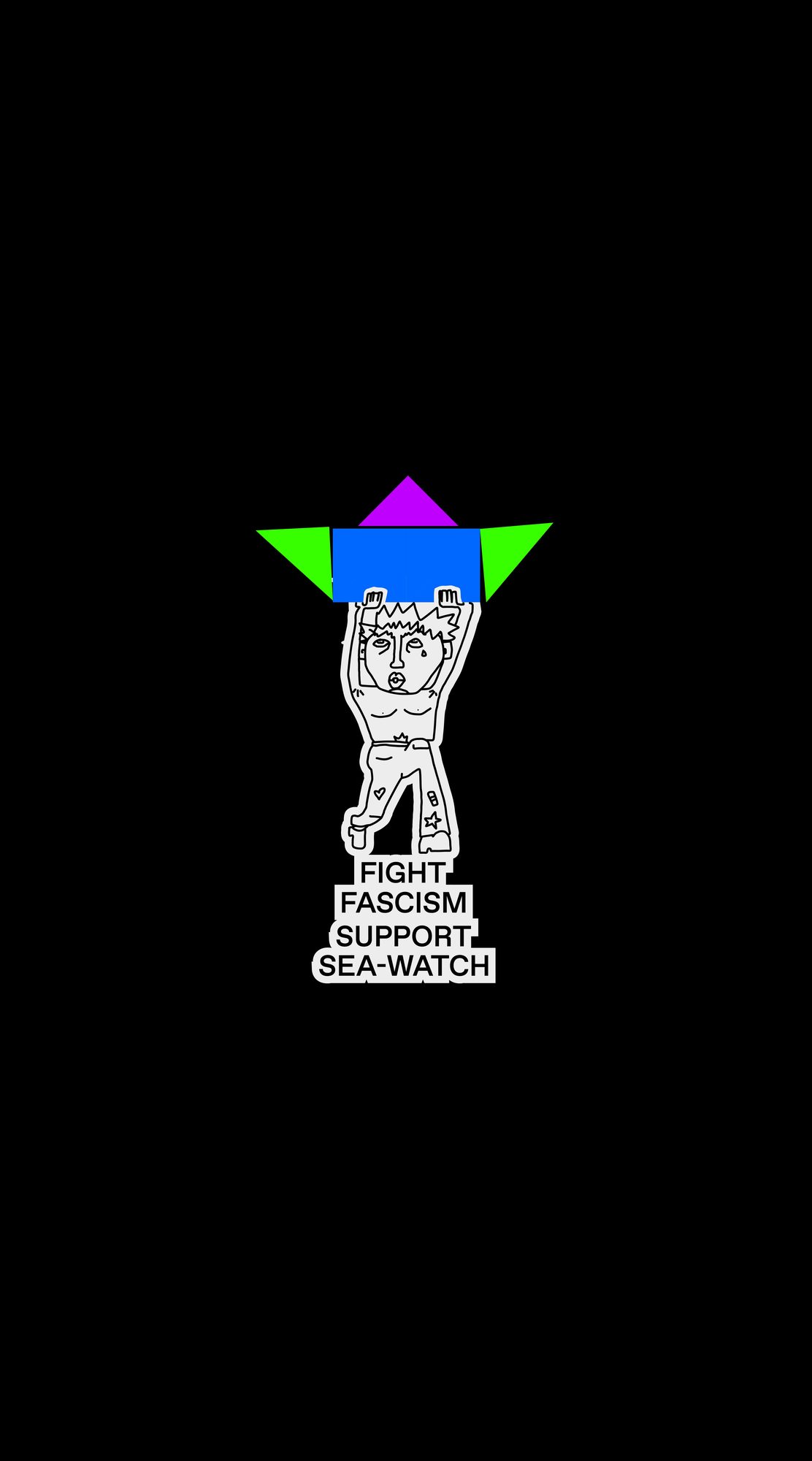 Sticker „Fight fascism support Sea-Watch“ mit Figur, die ein Boot trägt